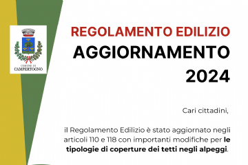 Immagine con stemma comunale e la scritta: Regolamento edilizio. Aggiornamento 2024. Cari cittadini, il regolamento edilizio è stato aggiornato negli articoli 110 e 118 con importanti modifiche per le tipologie di coperture dei tetti negli alpeggi.